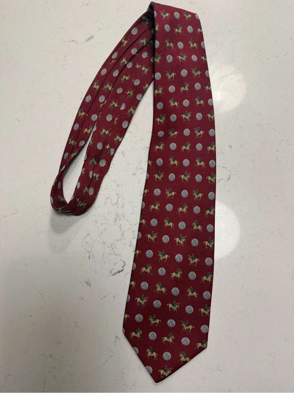 Burberry Red Silk Tie with Equestrian and Dot Motif